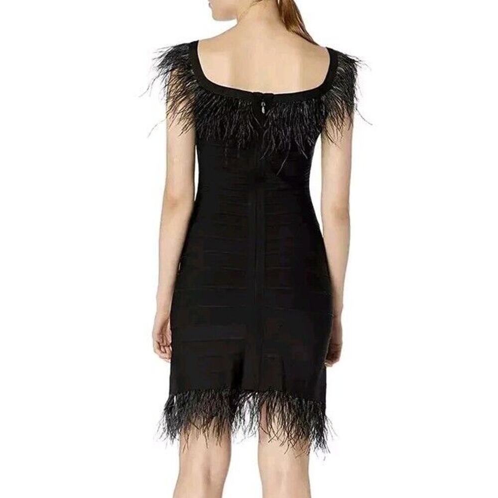 Elliatt Womens Off Shoulder Feather Trim Bodycon Dress Small Black Cocktail - Picture 2 of 12